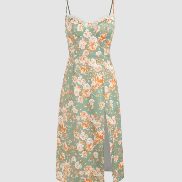 Green and Orange Midi Dress with Floral Design - Picture 6 of 8